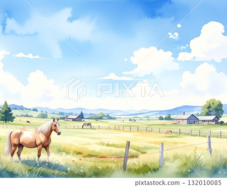 藍天白雲下，馬匹靜靜佇立的寧靜牧場風景水彩畫5 / 傳單、海報素材 132010085