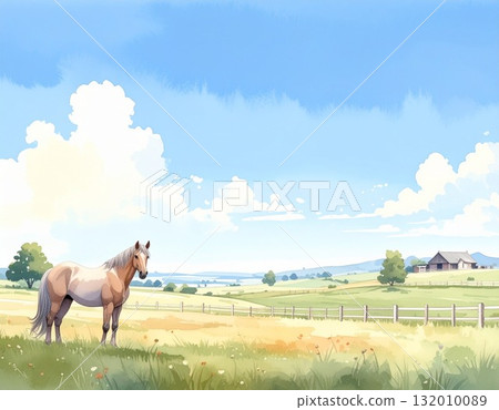 藍天下馬匹靜靜站立的寧靜牧場風景水彩畫 2 / 傳單和海報材料 132010089