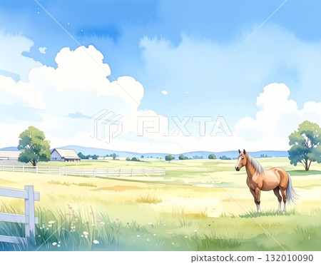 藍天下馬匹站立的寧靜牧場風景水彩畫 1 / 傳單和海報材料 132010090