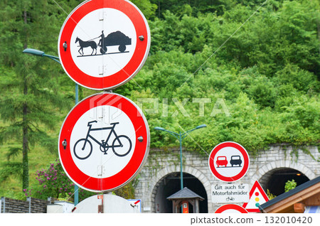 Traffic rules signs installed in the town of Hallstatt 132010420