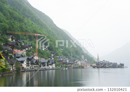 Foggy landscape with lake in Hallstatt 132010421