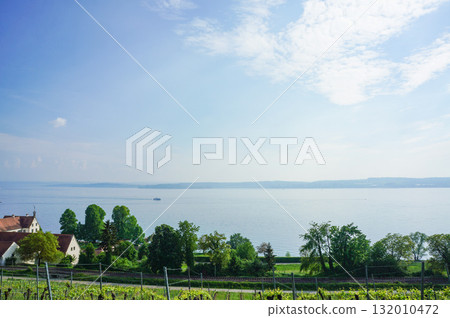 A beautiful view from the top of a hill overlooking the lake 132010472