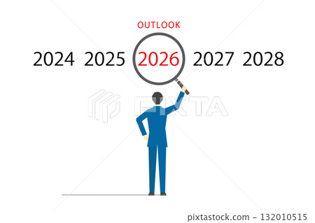Illustration of a businessman using a magnifying glass to check the outlook for 2026 132010515
