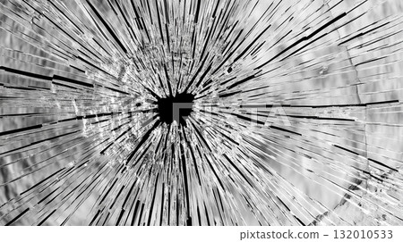 Texture of glass broken radially by bullet impact 132010533