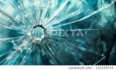 Texture of glass broken radially by bullet impact 132010534