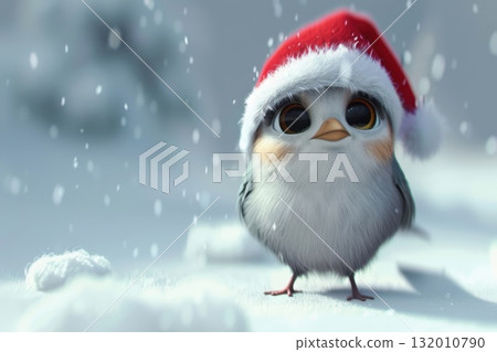 Bird in festive hat celebrates Christmas in snow, perfect for winter holiday cards and seasonal stock content 132010790