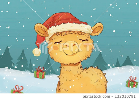 llama character in festive headwear celebrating Christmas, ideal for seasonal content and winter campaigns 132010791