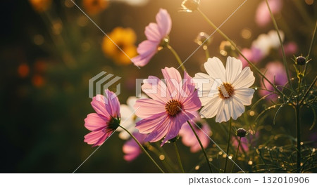 秋風中搖曳的波斯菊－柔和的陽光與自然美 132010906