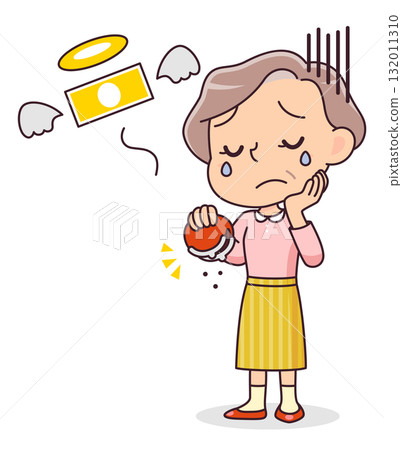 一位老年婦女因錢包空了而傷心的插圖 一位老年婦女因錢包空了而傷心的插圖 132011310