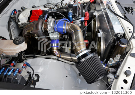 Turbo charger and waste gate on race car engine Turbo charger and waste gate on race car engine 132011360