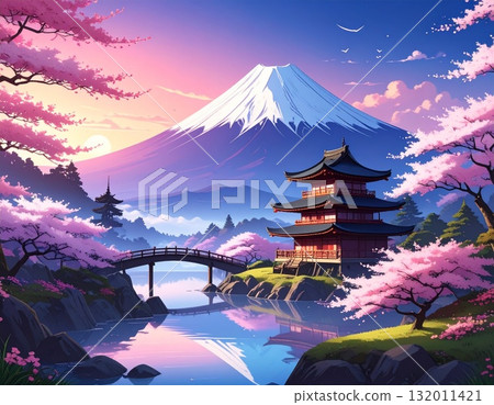 Scenery with cherry blossoms and five-storied pagoda 132011421