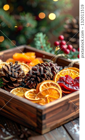 Tray of Dried Fruit and Pinecones Tray of Dried Fruit and Pinecones 132011519
