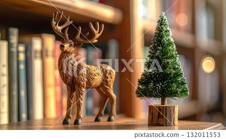 Wooden Reindeer on Bookshelf Wooden Reindeer on Bookshelf 132011553