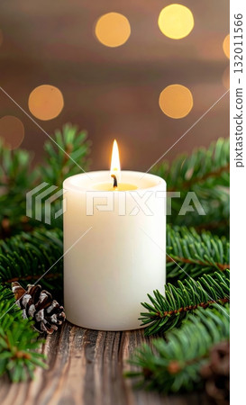 White Candle with Pine Branches 132011566