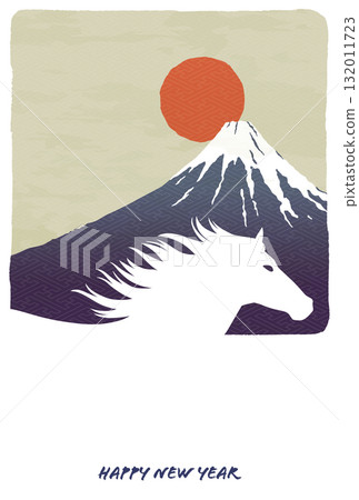 馬年新年賀卡模板：馬、富士山和日出 132011723
