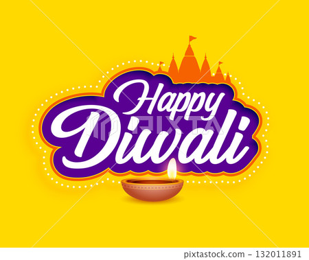 happy diwali festive yellow background with temple design 132011891