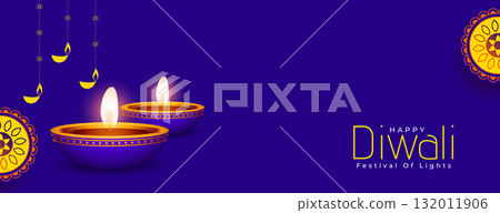 happy diwali religious purple wallpaper with glowing diya 132011906