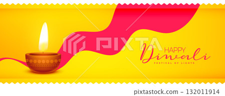 happy diwali wishes yellow banner in wavy style 132011914