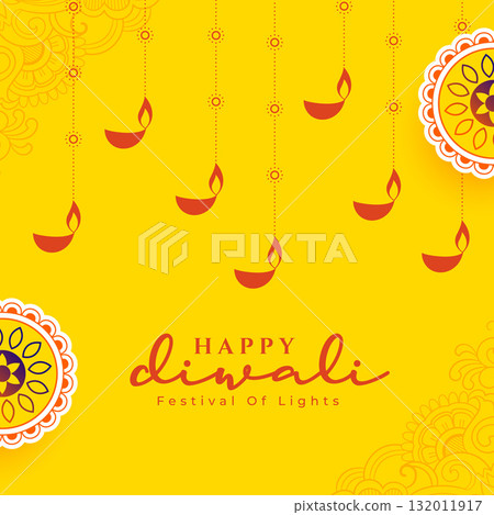 happy diwali yellow background with hanging lamps 132011917