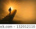 Man climbs a glowing book ladder towards the rising sun. Cinematic volume lighting. The right side is empty. Symbol of success through learning and perseverance. 132012110