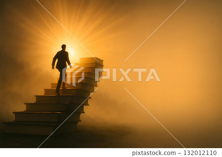 Man climbs a glowing book ladder towards the rising sun. Cinematic volume lighting. The right side is empty. Symbol of success through learning and perseverance. 132012110