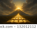 Golden road made of an open book leads to a bright mountain peak, the open sky above for the message, representing the wisdom that guides success. 132012112