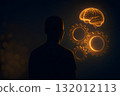 Human silhouette facing glowing gears and floating brain stem. Cinematic edge lighting. Surreal mood. Smart symbol. Left side is empty for inspirational text. 132012113