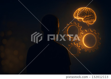 Human silhouette facing glowing gears and floating brain stem. Cinematic edge lighting. Surreal mood. Smart symbol. Left side is empty for inspirational text. 132012113