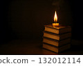 Stack of books is shaped like candles with golden flames, the left side is empty, representing diligence and learning that shines a light on success. 132012114