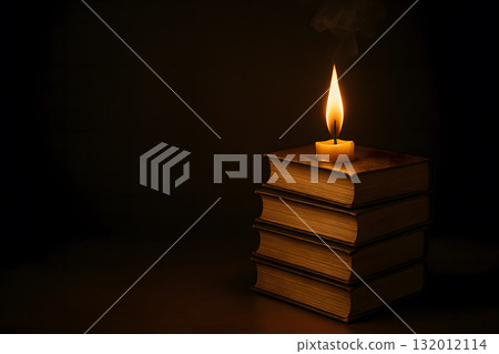 Stack of books is shaped like candles with golden flames, the left side is empty, representing diligence and learning that shines a light on success. 132012114