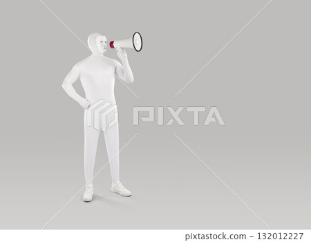 Man in white mask and bodysuit making announcement through megaphone on grey copy space background 132012227