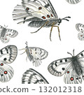 Flying white butterflies , seamless pattern, watercolor illustration isolated on transparent background 132012318