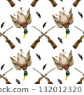Duck killed during a hunt, rifles crisscrossed. Seamless pattern of hunting trophies. Hand-drawn watercolor illustration. Isolated on a white background 132012320