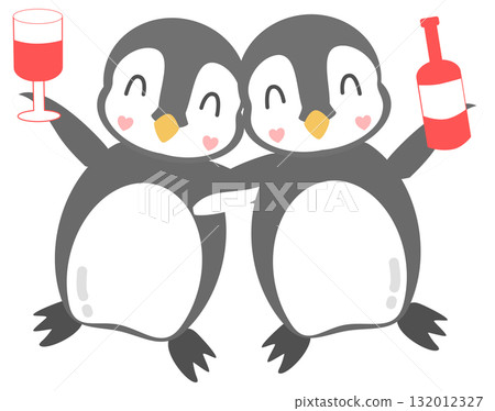 Cute Penguin Couple Celebrating Clipart, Friends with Wine Glass and Bottle 132012327