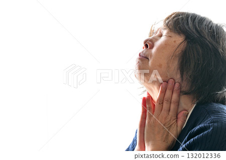 Senior woman concerned about her neck 132012336