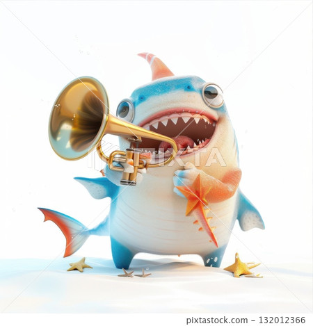 In this 3D scene, a shark humorously blows bubbles from a pipe, taking on the role of a charming and funny musician. 132012366