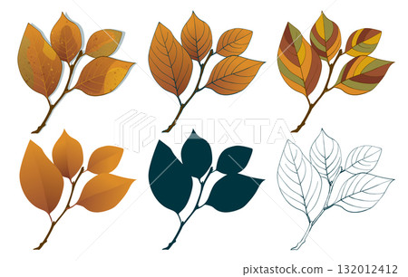 Set of hand-drawn fall brown-yellow colored elm autumn leaves isolated on white background. Flat and line styles vector illustration. Set of hand-drawn fall brown-yellow colored elm autumn leaves isolated on white background. Flat and line styles vector illustration. 132012412