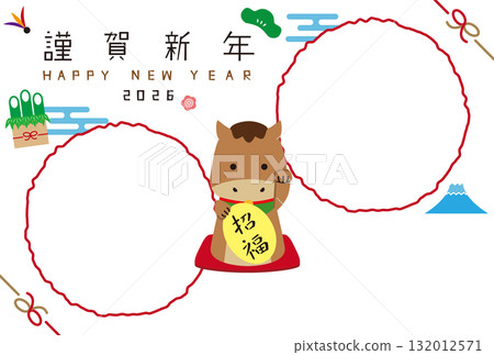 2026 年新年賀卡,帶有馬圖案和兩個白色相框 2026 年新年賀卡,帶有馬圖案和兩個白色相框 132012571