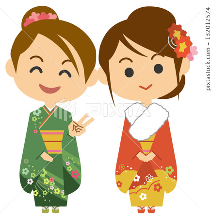 Illustration of a woman in a furisode kimono Illustration of a woman in a furisode kimono 132012574
