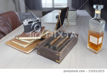 A classic vintage camera, leather journals, premium cigars in a wooden box, and a bottle of amber liquor on a modern table, suggesting luxury, travel, and refined leisure. A classic vintage camera, leather journals, premium cigars in a wooden box, and a bottle of amber liquor on a modern table, suggesting luxury, travel, and refined leisure. 132012833