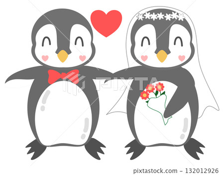 Cute Penguin Wedding Couple Clipart, Bride and Groom with Bouquet and Heart 132012926