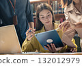 Business colleagues pointing at business document during discussion at meeting. Business people meeting explaining the financial graph data and marketing plan.Teamwork process. 132012979