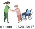 Color illustration of an elderly man getting out of a wheelchair and holding the hand of a caregiver to practice walking 132013047
