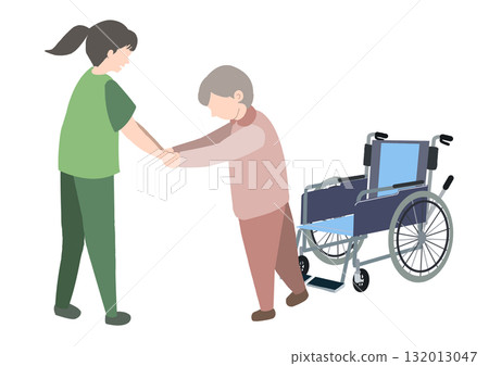 Color illustration of an elderly man getting out of a wheelchair and holding the hand of a caregiver to practice walking 132013047