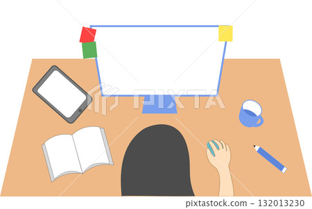 top View Work Desk Clipart, Person Working with Computer, Book, and Tablet 132013230