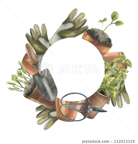 Gardening tools and seedings watercolor wreath template with flower pots, greens,gloves and shears illustration. Home plants hobby banner for packing,card,invitation design. Rural life clipart Gardening tools and seedings watercolor wreath template with flower pots, greens,gloves and shears illustration. Home plants hobby banner for packing,card,invitation design. Rural life clipart 132013329