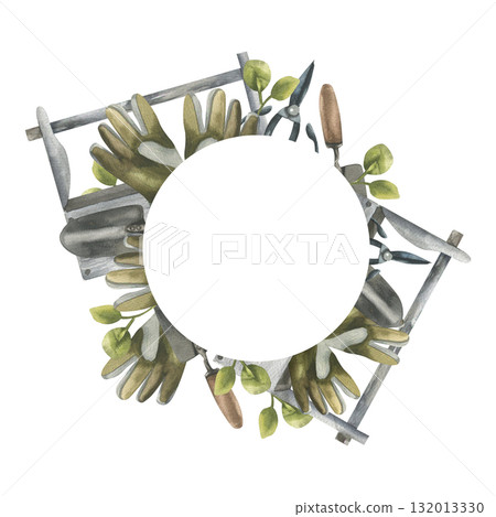 Gardening and rural life equipment watercolor frame. Hand drawn wreath template with planting tools, gloves,greens and eco wooden box illustration for seeding packing,garden tools magazine design Gardening and rural life equipment watercolor frame. Hand drawn wreath template with planting tools, gloves,greens and eco wooden box illustration for seeding packing,garden tools magazine design 132013330