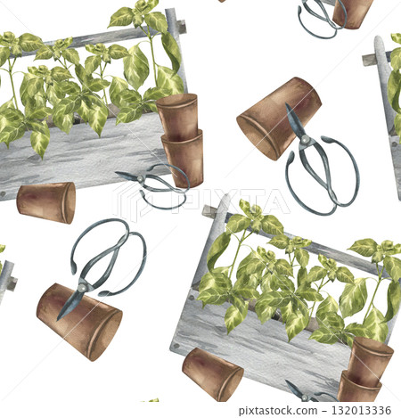 Green fresh basil herbs in wooden tubs, flower pots and shears watercolor seamless pattern. Gardening tools and house plants background for green eco textile, fabric, kitchen wallpaper design Green fresh basil herbs in wooden tubs, flower pots and shears watercolor seamless pattern. Gardening tools and house plants background for green eco textile, fabric, kitchen wallpaper design 132013336