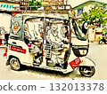 Smiling Tuktuk tricycles in Phnom Penh, Cambodia | Watercolor illustration of freedom and peace 132013378
