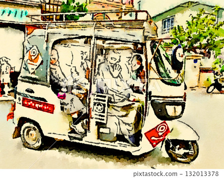 柬埔寨金邊的微笑嘟嘟三輪車 | 自由與和平的水彩插畫 柬埔寨金邊的微笑嘟嘟三輪車 | 自由與和平的水彩插畫 132013378